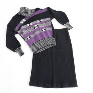 Vintage Richard & Co. Two Piece Black & Purple Turtleneck Sweater &  Skirt Set S